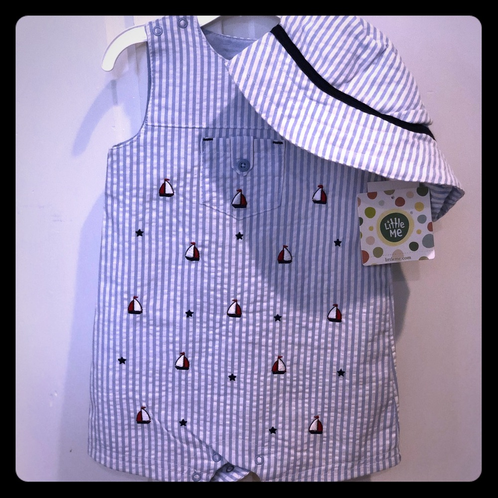 Little Me NWT Seersucker Romper w Matching Hat 6M